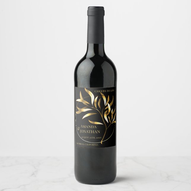 Modern Minimalist Black and Gold Leaf Wedding   Wine Label (Front)