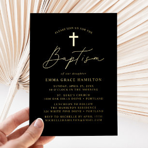 Modern Minimalist Black and Gold Script Baptism
