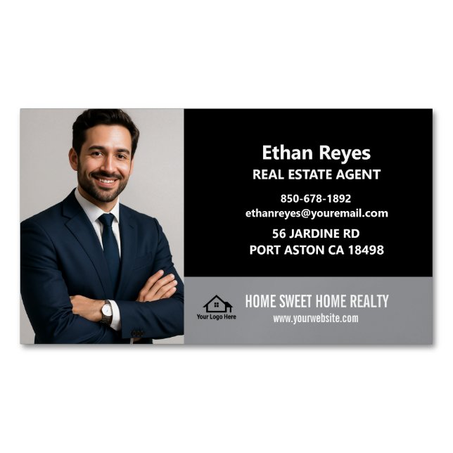 Modern Minimalist Black and Grey Photo Magnetic Business Card (Front)