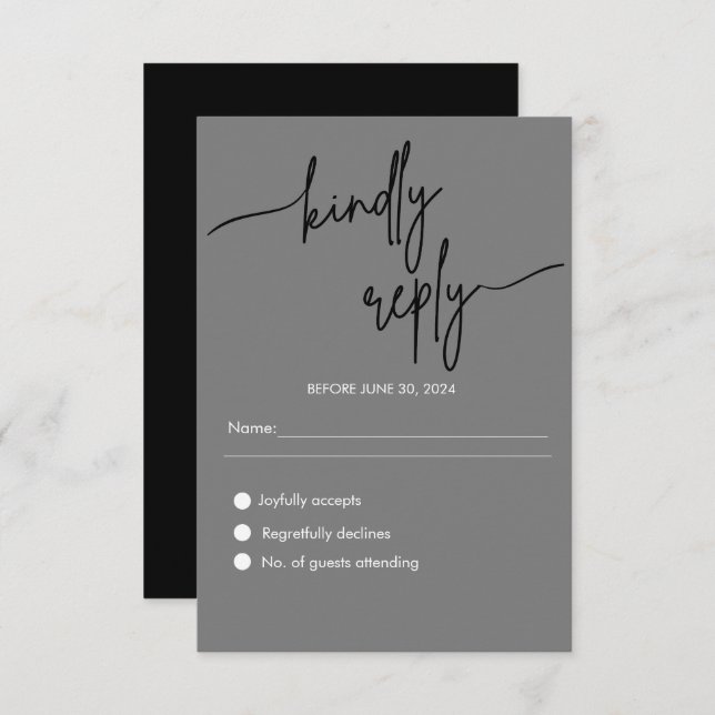 Modern Minimalist Black and Grey Wedding RSVP Enclosure Card (Front/Back)