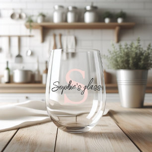 Modern Minimalist Black and Pink Personalised Name Stemless Wine Glass