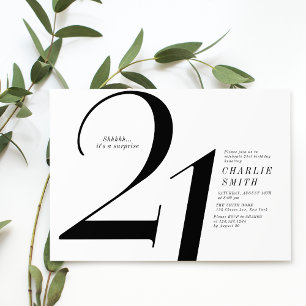Modern minimalist black and white 21st birthday invitation