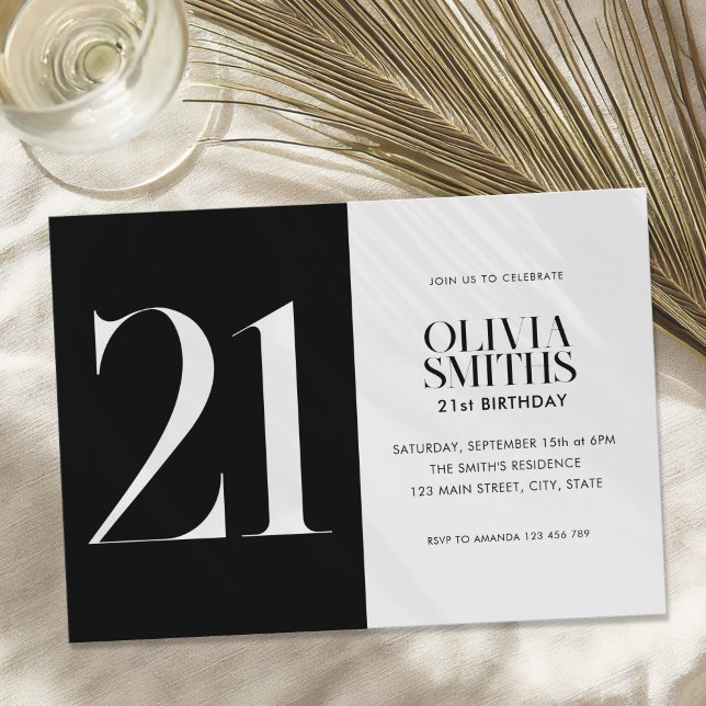 Modern Minimalist Black and White 21st Birthday Invitation (Creator Uploaded)