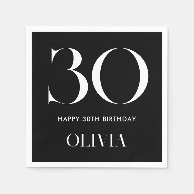 Modern Minimalist Black and White 30th Birthday Napkin (Front)