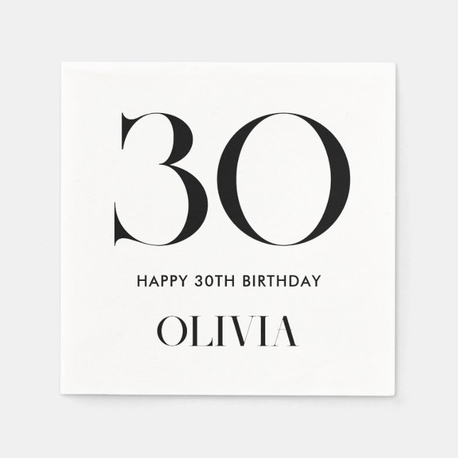 Modern Minimalist Black and White 30th Birthday Napkin (Front)