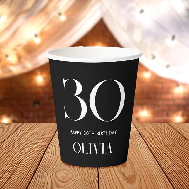 Modern Minimalist Black and White 30th Birthday Paper Cups (Creator Uploaded)