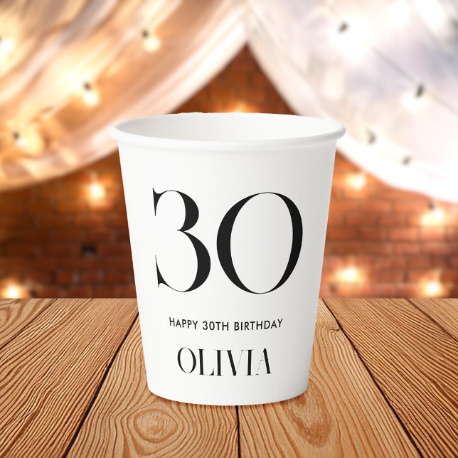 Modern Minimalist Black and White 30th Birthday Paper Cups (Creator Uploaded)