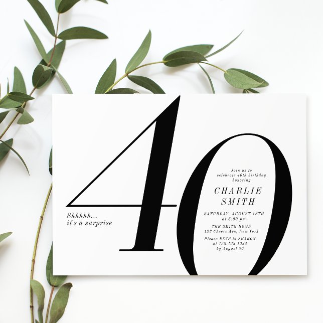 Modern minimalist black and white 40th birthday invitation (Modern minimalist black and white 40th birthday invitation)