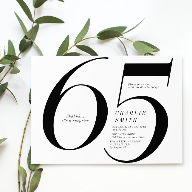 Modern minimalist black and white 65th birthday invitation (Modern minimalist black and white 65th birthday invitation)