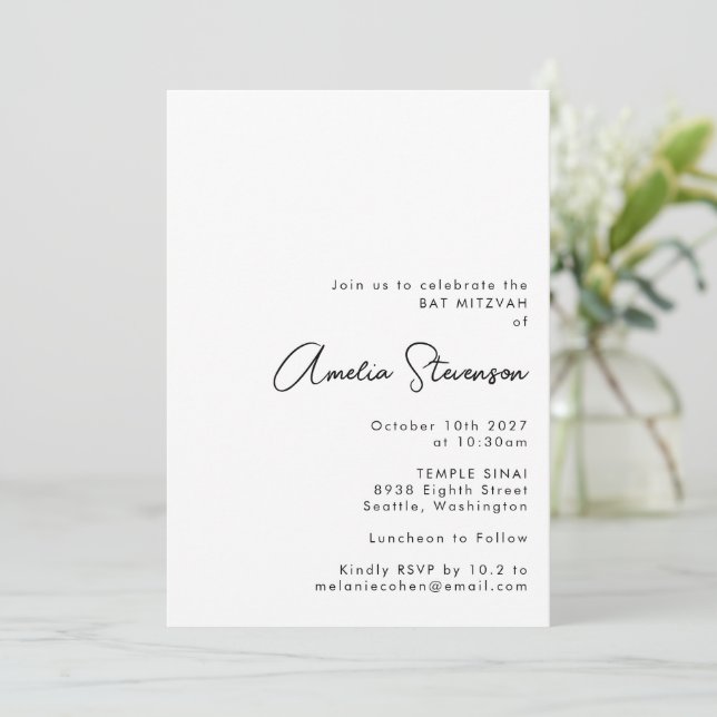 Modern Minimalist Black and White Bat Mitzvah Invitation (Standing Front)