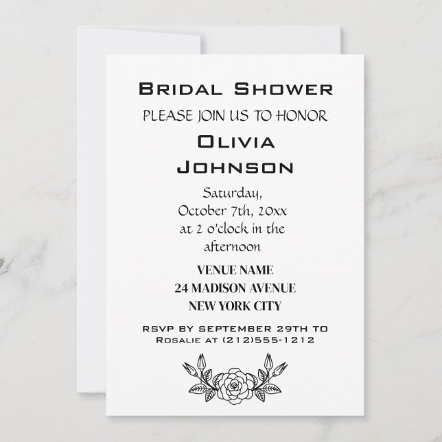 Modern Minimalist Black and White Bridal Shower Invitation (Front)
