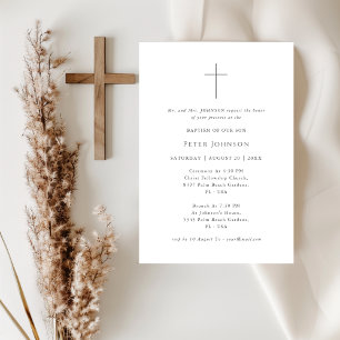 Modern Minimalist Black and White Cross Baptism Invitation