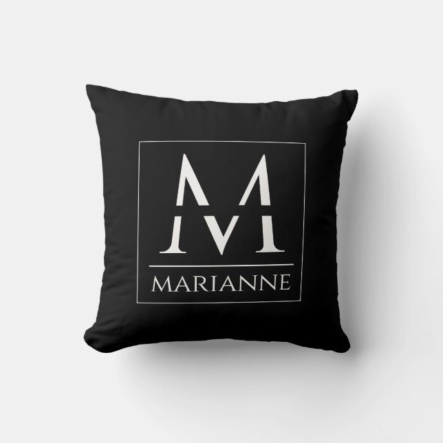 Modern Minimalist Black and White Custom Monogram Cushion (Front)