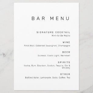 Modern Minimalist Black and White Drinks Bar Menu