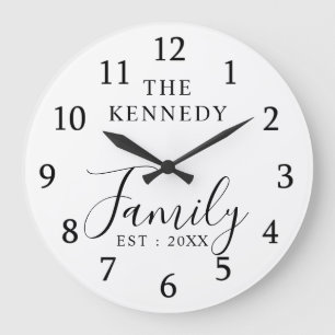 Modern Minimalist Black And White Family Name Large Clock