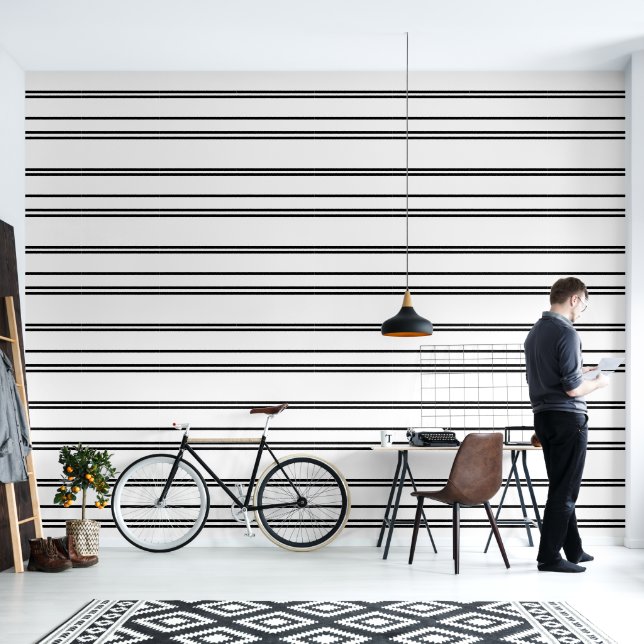 Modern Minimalist Black and White Line Peel Stick Wallpaper (Living Room)