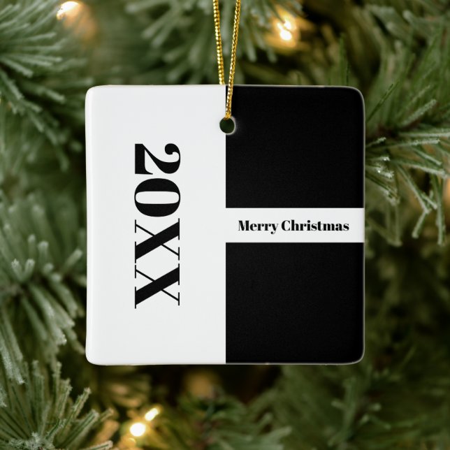 Modern Minimalist Black and White Merry Christmas Ceramic Ornament (Tree)