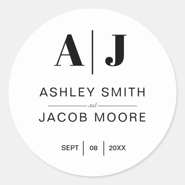 Modern Minimalist Black and White Monogram Wedding Classic Round Sticker (Front)
