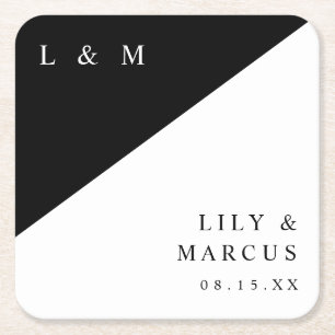 Modern Minimalist Black And White Monogram Wedding Square Paper Coaster
