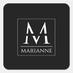 Modern Minimalist Black and White Monogrammed Square Sticker