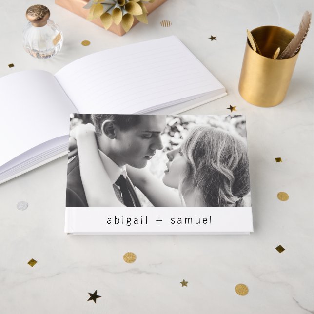 Modern Minimalist Black and White Photo Wedding Guest Book (Front Open)