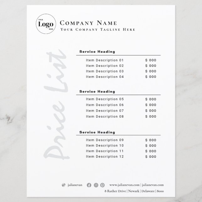Modern Minimalist Black and White Price List (Front)