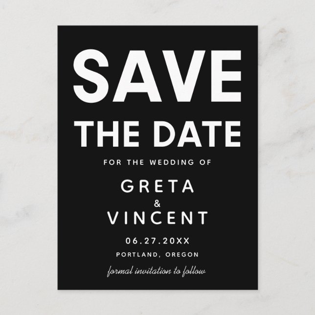Modern minimalist Black and white Save The Date Postcard (Front)