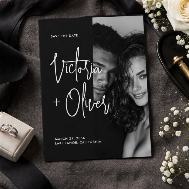 Modern Minimalist Black and White Script Photo Save The Date (Creator Uploaded)