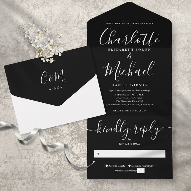 Modern Minimalist Black And White Script Wedding All In One Invitation (Creator Uploaded)