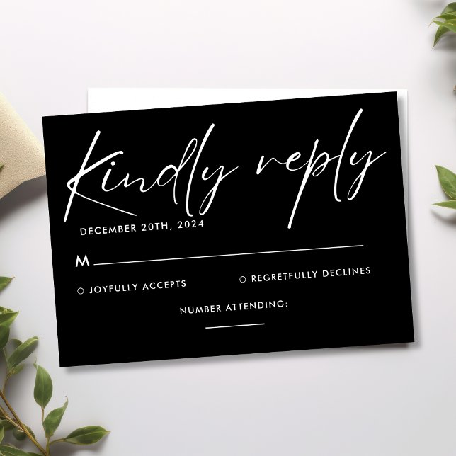 Modern Minimalist Black and White Script Wedding RSVP Card (Creator Uploaded)