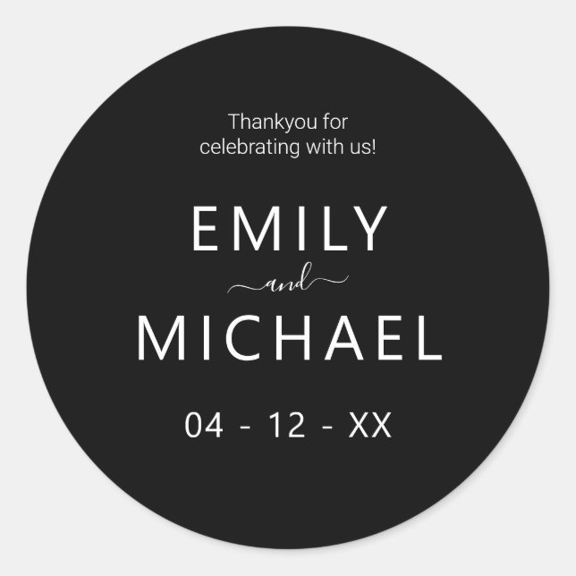 Modern Minimalist Black and White Wedding Classic Round Sticker (Front)