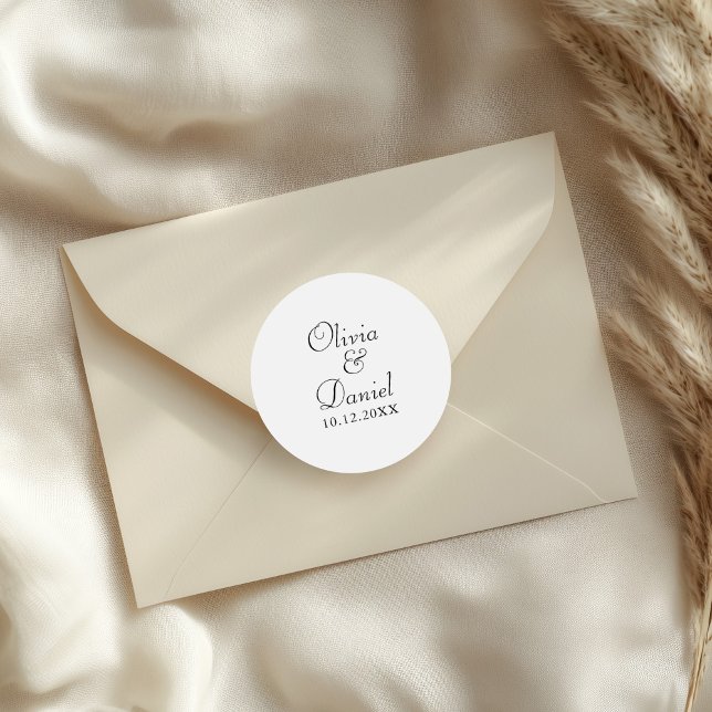 Modern Minimalist Black and White Wedding Classic Round Sticker (Modern Minimalist Black and White Wedding Classic Round Sticker on a wedding envelope.)
