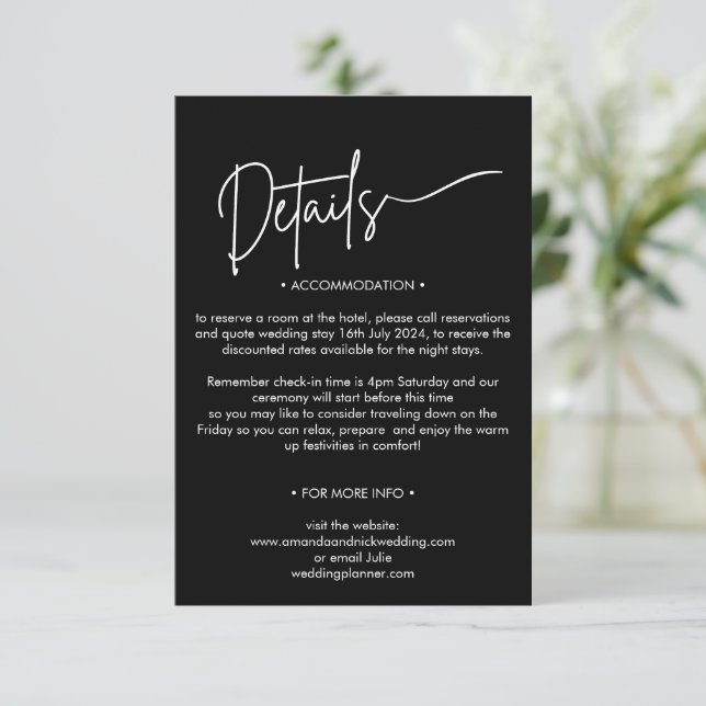Modern Minimalist Black and White Wedding Details  Enclosure Card (Standing Front)