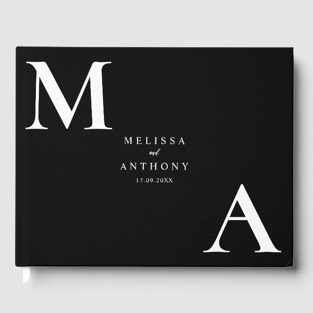 Modern Minimalist Black and White Wedding Guest Book (Front)