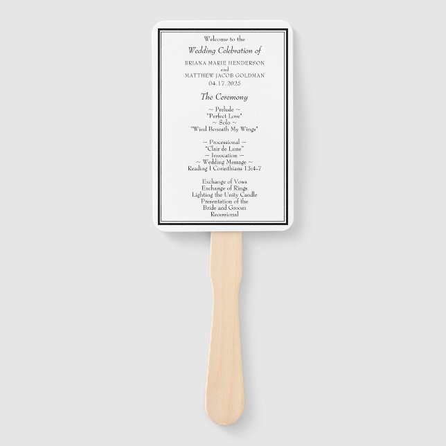 Modern Minimalist Black and White Wedding Program Hand Fan (Front)