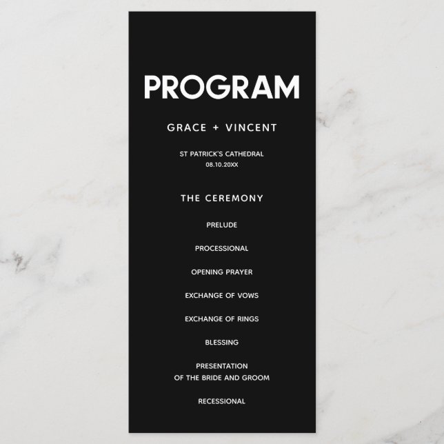 Modern minimalist Black and white wedding Programme (Front)