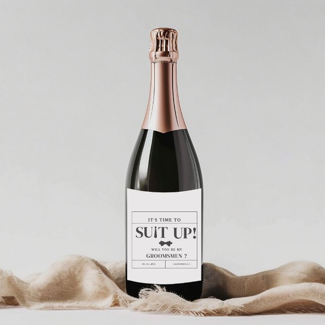 Modern Minimalist Black Asking Groomsman Proposal Sparkling Wine Label (Creator Uploaded)