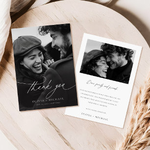 Modern Minimalist Black Calligraphy Photo Wedding Thank You Card