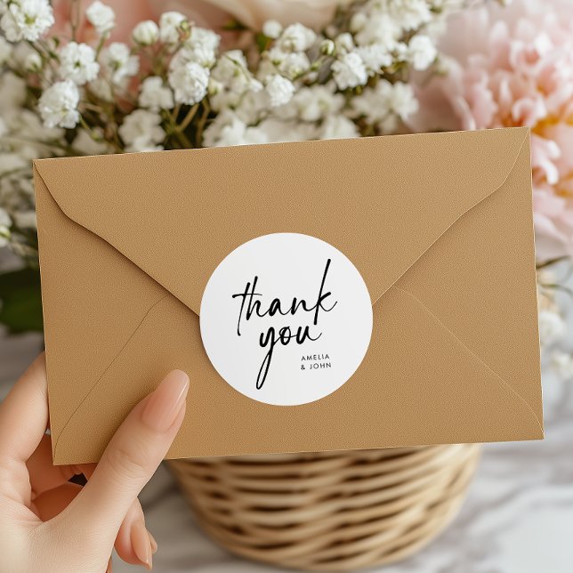 Modern Minimalist Black Calligraphy Thank You Classic Round Sticker (Creator Uploaded)