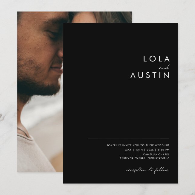 Modern Minimalist | Black Casual Photo Wedding Invitation (Front/Back)
