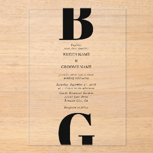 Modern Minimalist Black & Clear Monogram Wedding Acrylic Invitations