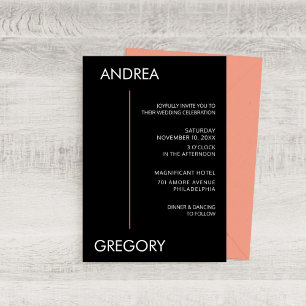 Modern Minimalist Black & Coral Stripe Wedding Invitation
