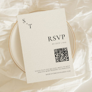 Modern Minimalist Black & Ecru Monogram Wedding RSVP Card