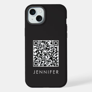 Modern Minimalist Black Executive QR Code Monogram iPhone 15 Plus Case