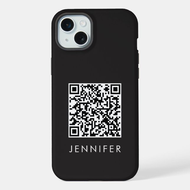 Modern Minimalist Black Executive QR Code Monogram iPhone Case (Back)
