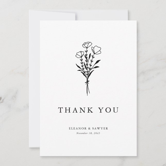 Modern Minimalist Black Floral Bouquet Wedding Thank You Card (Front)