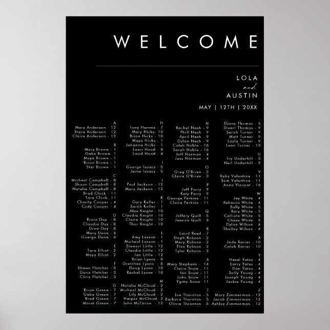Modern Minimalist Black Font Alphabetical Seating Poster (Front)