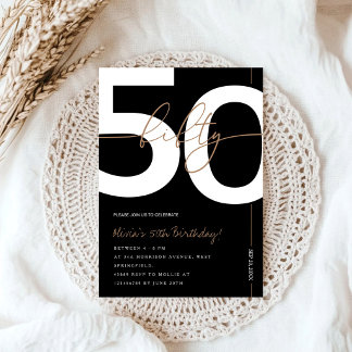 Modern Minimalist Black & Gold 50th Birthday Party Invitation