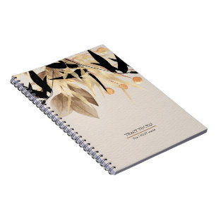 Modern Minimalist Black Gold Floral Spiral Notebook