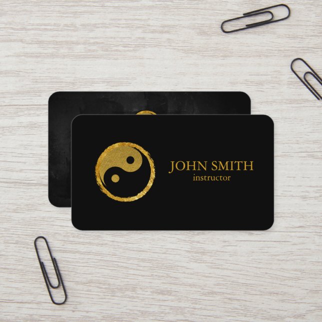 Modern Minimalist Black Gold Lotus Yoga Instructor Business Card (Front/Back In Situ)